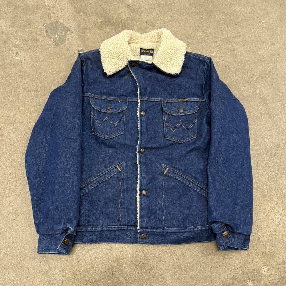 Vtg 70s Wrangler Denim Yellowstone Jean Coat Sherpa Lined Western Rodeo Jacket M